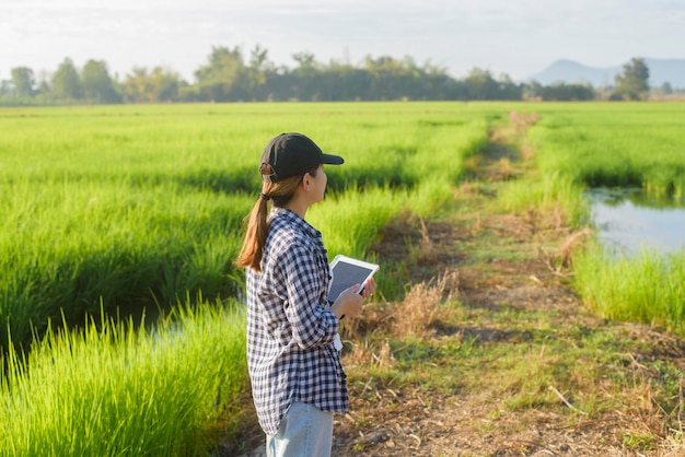 A young female smart farmer with tablet on field,High technology innovations and smart farming