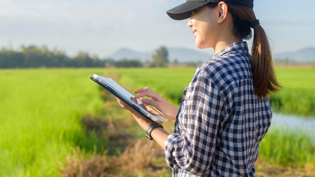 A young female smart farmer with tablet on field,High technology innovations and smart farming