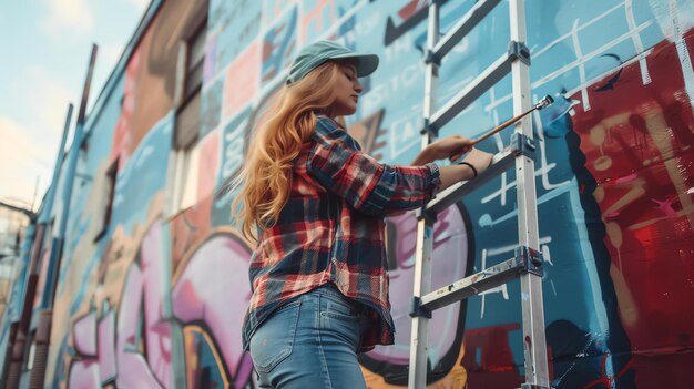 Photo young female street artist standing on a ladder and painting a graffiti on a colorful wall she is wearing a casual outfit and a cap