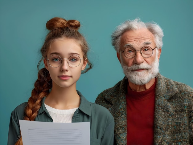 Young Female Student Collaborating with Senior Male Teacher in Administrative Office