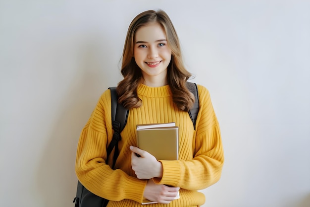 Young Female Student Holding Books in Front of Isolated White Wall