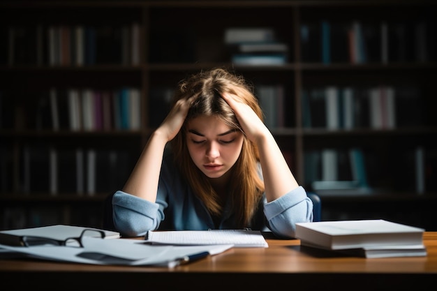 Young female student sitting on a desk looking stressed created with generative ai