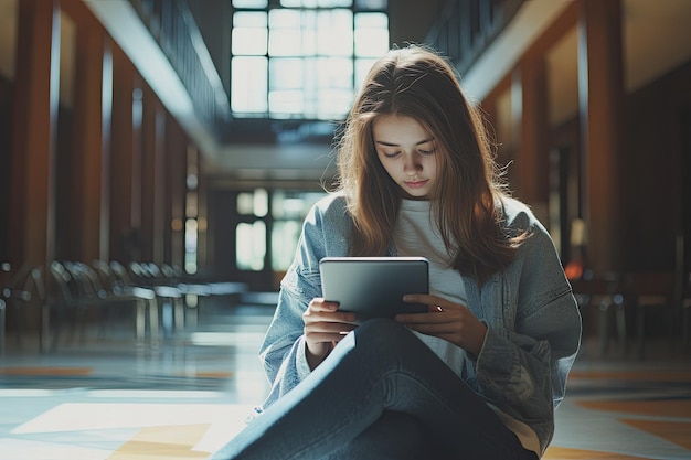 Young female student sitting in a university recreation hall using touch pad