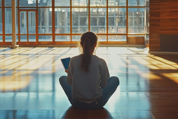 Young female student sitting in a university recreation hall using touch pad