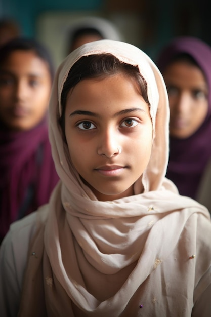 a young female student with her classmates in the background created with generative ai