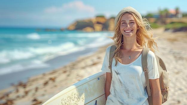 Young female surfer with surfboard on sunny summer beach