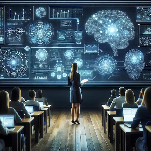 Young Female Teacher Giving a Data Science Presentation with Artificial Intelligence