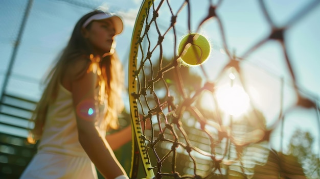 Young female tennis player in action on court with racket as ball passes through net