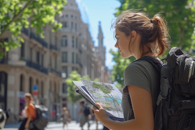 Photo young female traveler in casual clothes graphing trees in barcelona