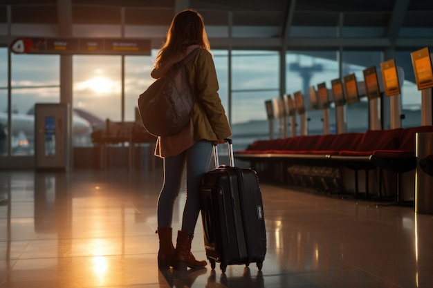 Young female traveler walking with a suitcase on the background of the airport rear view Travel concept