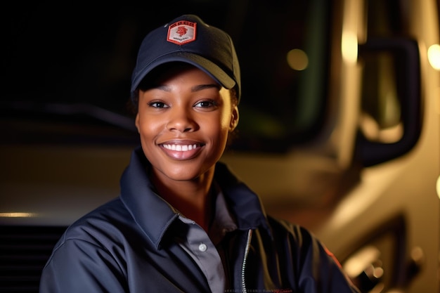 A young female truck driver as she poses in front of her truck with a warm smile Generative AI