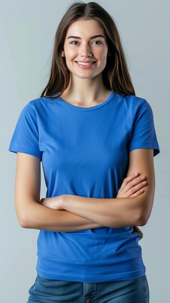 Young female wearing blue blankt shirt mockup for print image fashion trendy