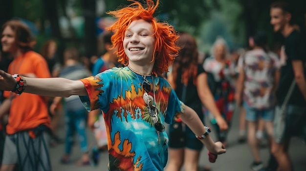 Young festive ginger man dancing outdoors at lively music concert