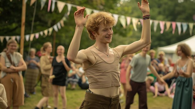 Photo young festive ginger man dancing outdoors at lively music concert