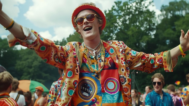 Young festive ginger man dancing outdoors at lively music concert