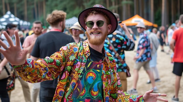 Photo young festive ginger man dancing outdoors at lively music concert