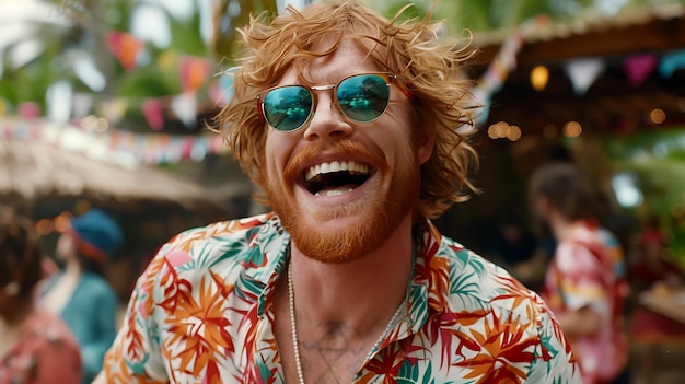 Young festive ginger man dancing outdoors at lively music concert