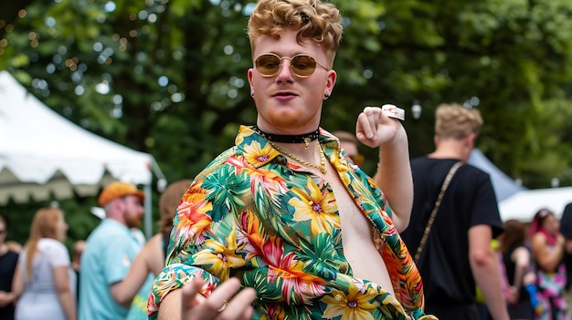 Photo young festive ginger man dancing outdoors at lively music concert