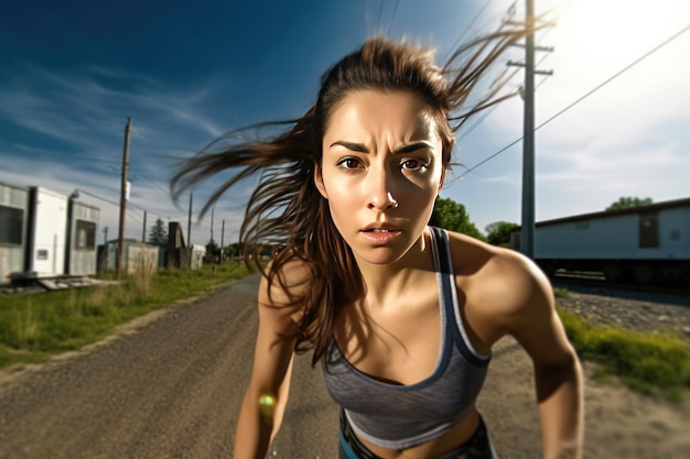 Young fit woman does running jogging training wide angle lens Generative AI Technology