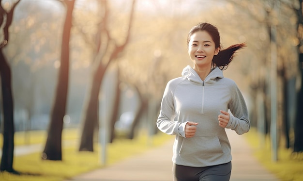 Young fitness enthusiast asian woman jogging in a serene park setting Female athlete in hoodie running amidst greenery Created with generative AI tools