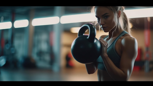 Young fitness female exercise with kettle bell Mixed race woman doing crossfit workout on grey background