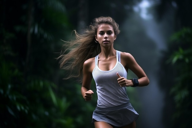 Young fitness sportswoman trail runner running in the tropical forest park in the evening