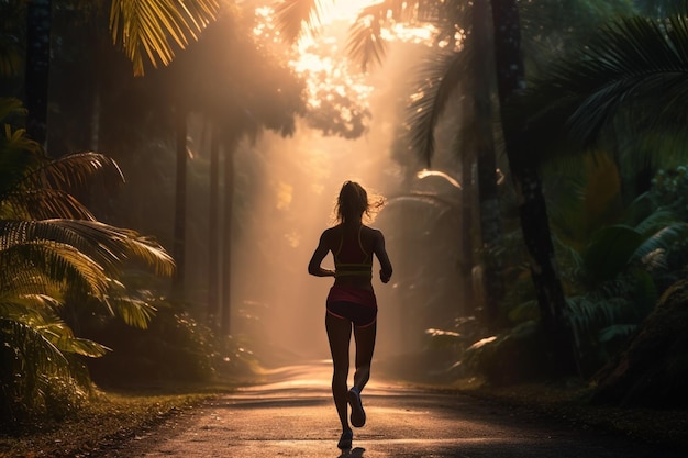 Young fitness sportswoman trail runner running in the tropical forest park in the evening