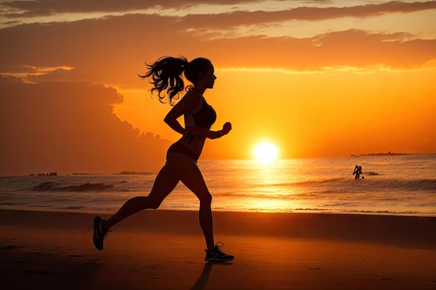 Young fitness woman runner running on sunrise beach ai generative