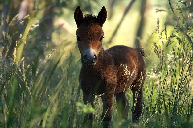 Photo a young foal standing in tall grass