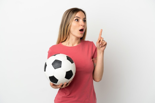 Young football player woman over isolated white wall thinking an idea pointing the finger up