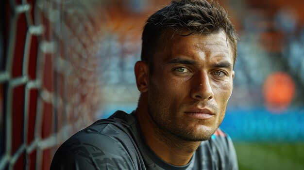 A young footballer looks thoughtfully towards the camera