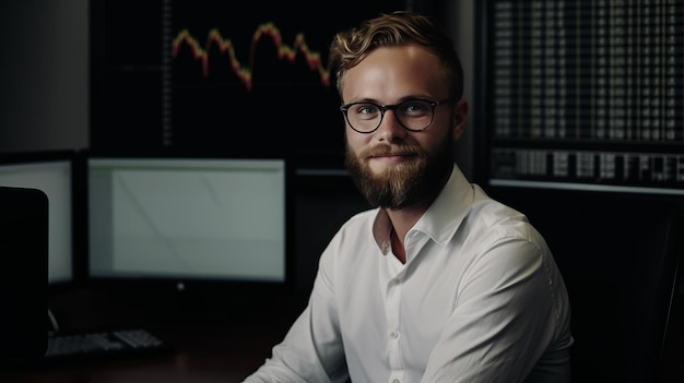 Young Forex Expert in a Modern Office with Large Forex Charts