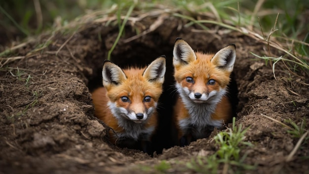 Photo young foxes peeking out from their den