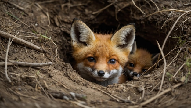 Photo young foxes peeking out from their den