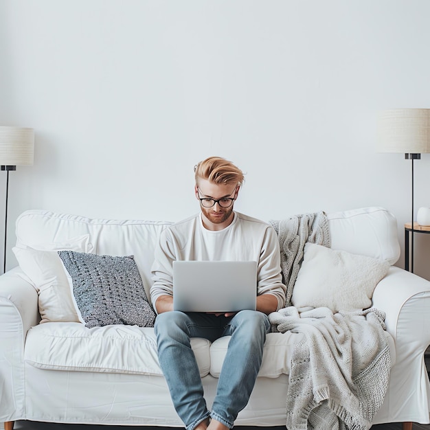 Photo a young freelancer smiling man in casual outfit sits working on laptop in scandinavian interior room