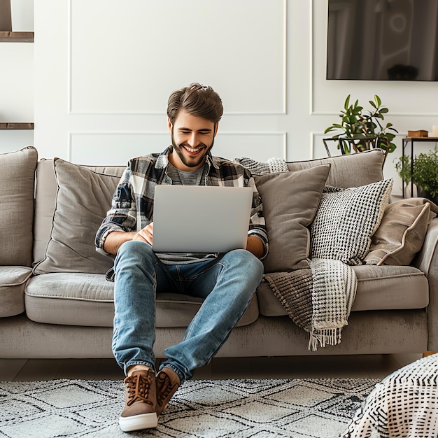 Photo a young freelancer smiling man in casual outfit sits working on laptop in scandinavian interior room