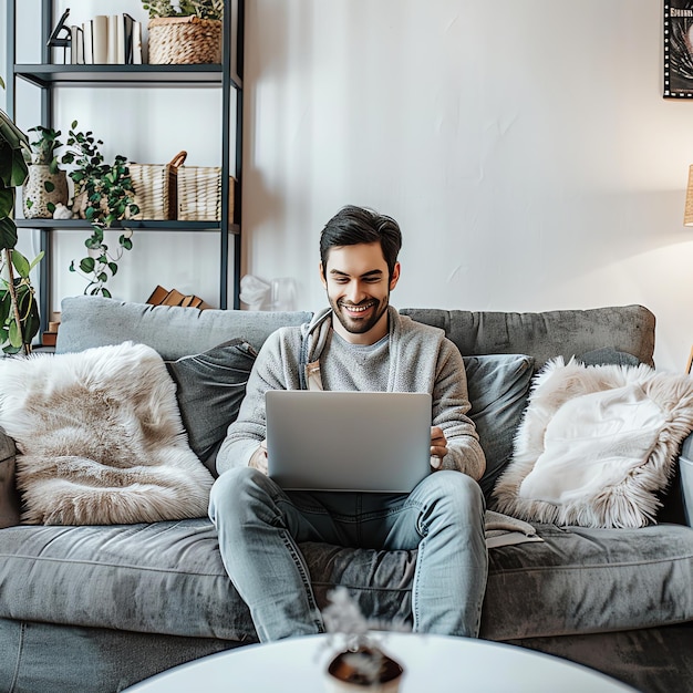 Photo a young freelancer smiling man in casual outfit sits working on laptop in scandinavian interior room