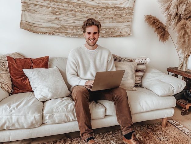 A young freelancer smiling man in casual outfit sits working on laptop in scandinavian interior room