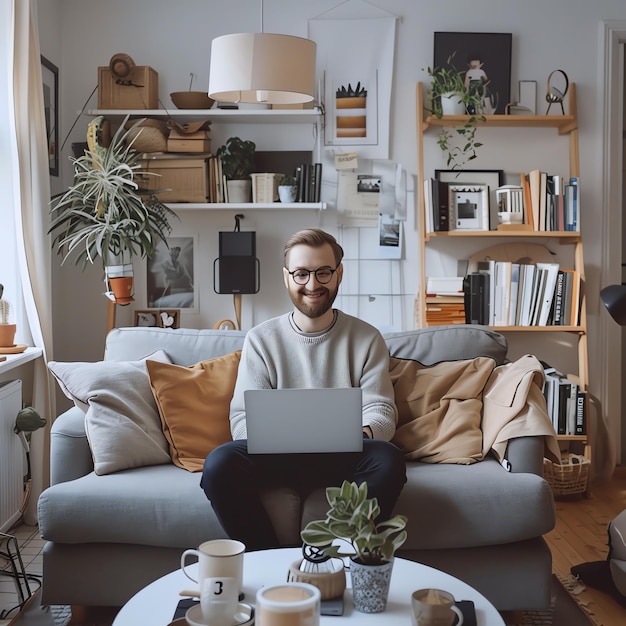 Photo a young freelancer smiling man in casual outfit sits working on laptop in scandinavian interior room