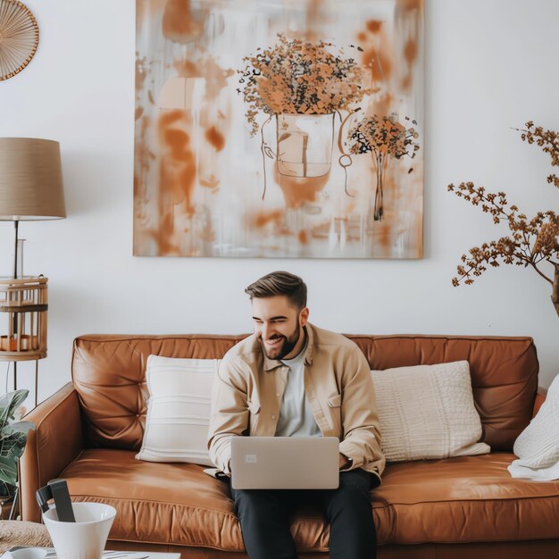 Photo a young freelancer smiling man in casual outfit sits working on laptop in scandinavian interior room