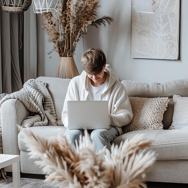 A young freelancer smiling man in casual outfit sits working on laptop in scandinavian interior room