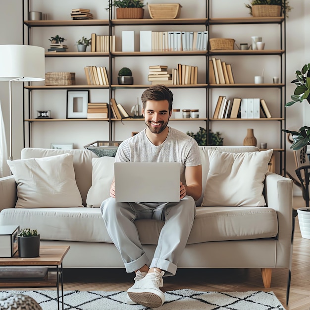 Photo a young freelancer smiling man in casual outfit sits working on laptop in scandinavian interior room