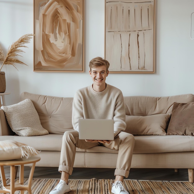 Photo a young freelancer smiling man in casual outfit sits working on laptop in scandinavian interior room