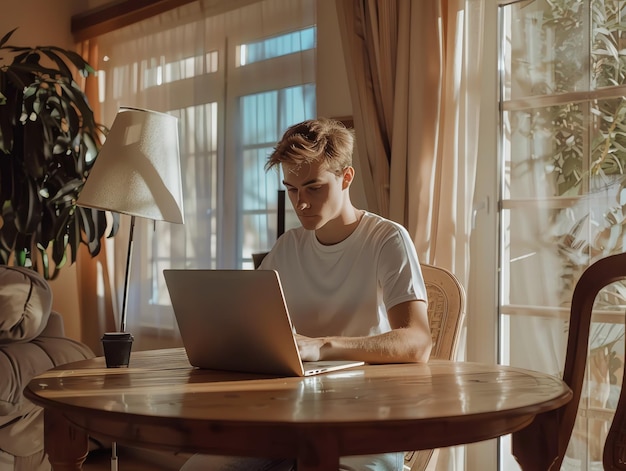 Photo a young freelancer smiling man in casual outfit sits working on laptop in scandinavian interior room