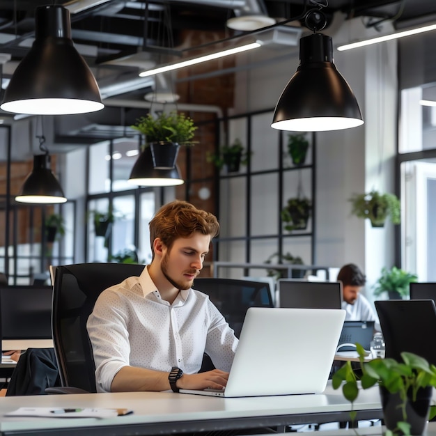 Photo a young freelancer smiling man in casual outfit sits working on laptop in scandinavian interior room