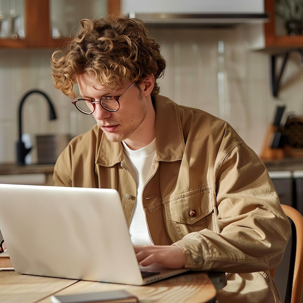 A young freelancer smiling man in casual outfit sits working on laptop in scandinavian interior room