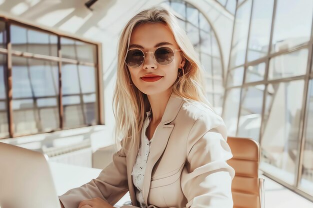 Photo a young freelancer smiling woman in casual outfit working on laptop in scandinavian interior room