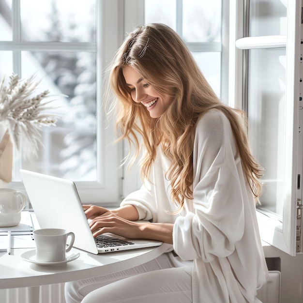 A young freelancer smiling woman in casual outfit working on laptop in scandinavian interior room