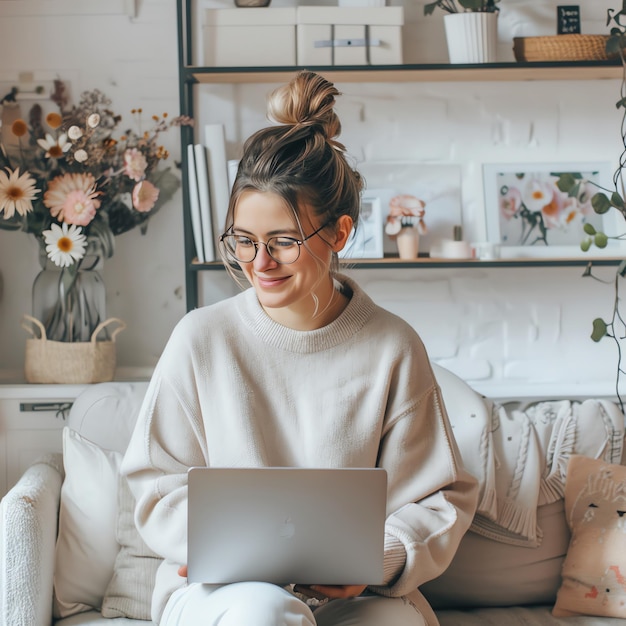 A young freelancer smiling woman in casual outfit working on laptop in scandinavian interior room