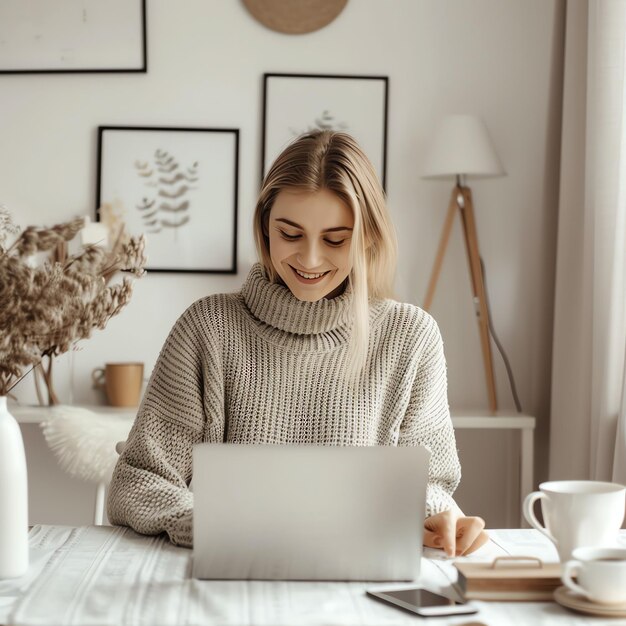 A young freelancer smiling woman in casual outfit working on laptop in scandinavian interior room